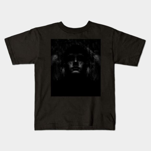 Portrait, digital collage, special processing. Dark, strong. Guy face looking up high. Fantasy. Grayscale. Kids T-Shirt by 234TeeUser234